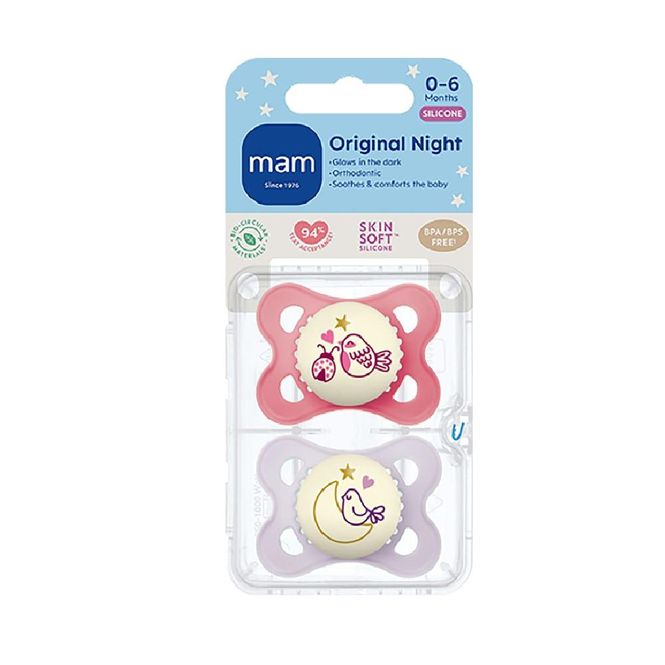 Hovedbilde Mam narresmokk original night silicone pink 0-6mnd 2 stk