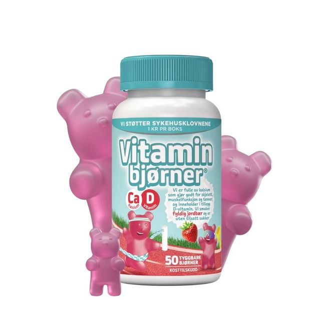 Hovedbilde Vitaminbjørn tyggetablett kalsium+vitamin D jordbær 50 stk